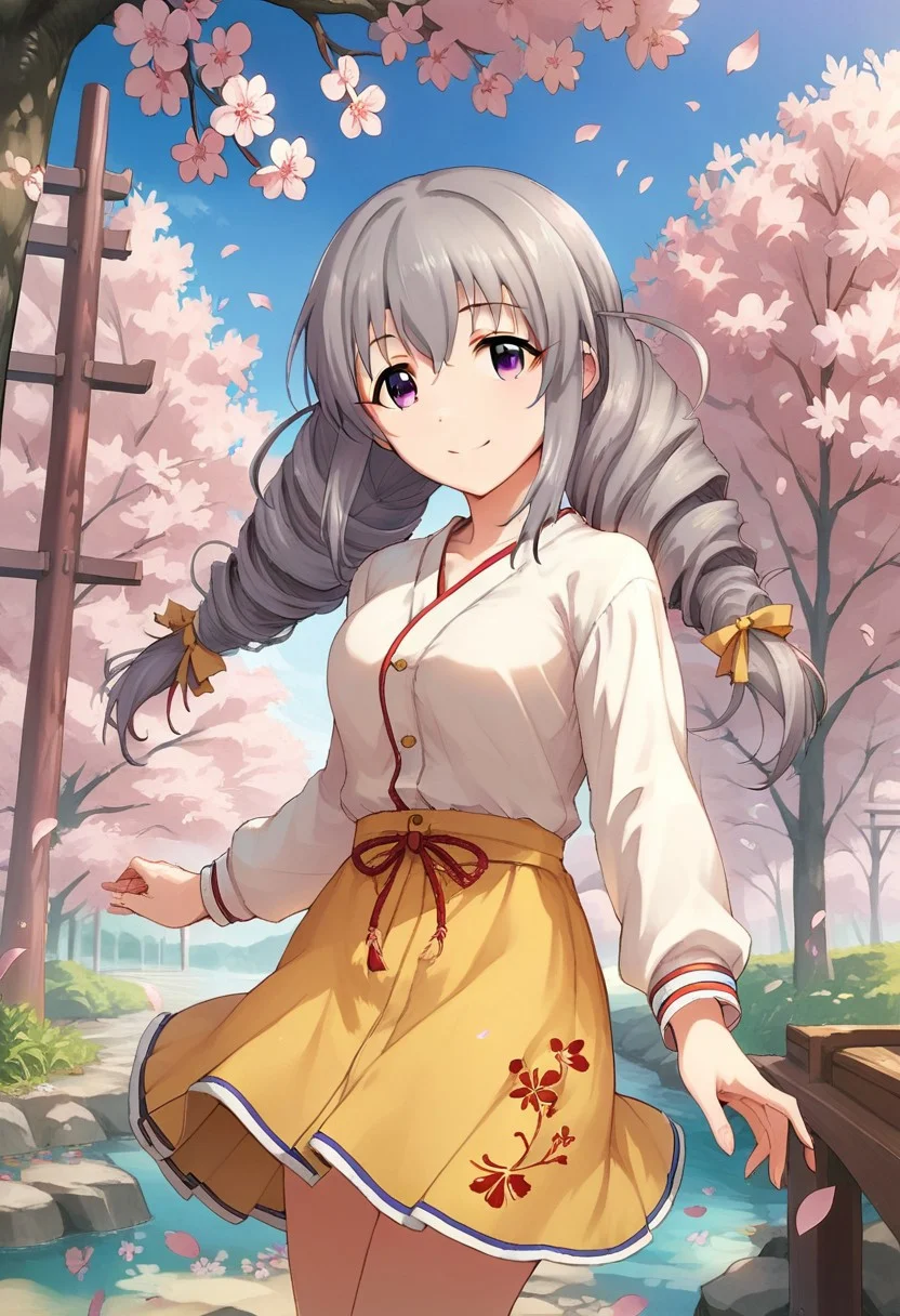 score_9, score_8_up, score_7_up, source_anime,sakakibara satomi, grey hair, long hair, purple eyes, twintails, 1girl, cherry blossoms, solo, skirt, outdoors, tree, smile, petals