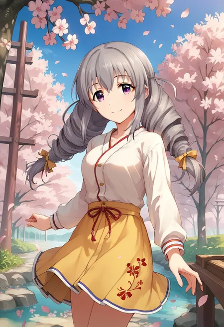 score_9, score_8_up, score_7_up, source_anime,sakakibara satomi, grey hair, long hair, purple eyes, twintails, 1girl, cherry blossoms, solo, skirt, outdoors, tree, smile, petals