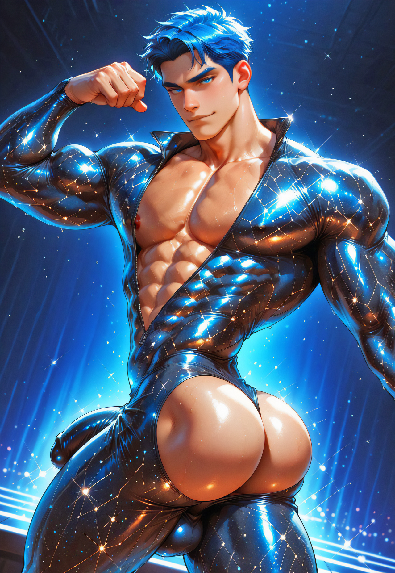 cowboy shot, full-length portrait, rear view, 3/4 shot, zoomed out,

rating_explicit, best quality, highly detailed, ultra high quality, masterpiece, high res, vivid color, high saturation,

1boy, male focus, sexy, bara, solo,
blue hair,

black glitter bodysuit, plunging neckline, starry_morph black glitter bodysuit, unzipped,

Dynamic pose, dancing, dynamic angle, Dutch angle, twisted torso, looking over shoulder, looking at viewer, seductive face,

male, 18 years old, soft face, massive pectorals, muscular body, wide shoulders, slim waist, tiny waist, large bulge, lean butt, skindentation, muscular body, tiny waist, narrow waist, micro waist, solo,

simple background, room