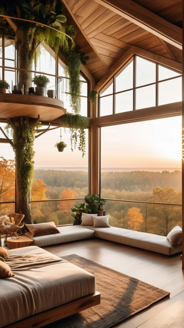 serene aesthetic, luxurious minimalist, spacious treehouse with panoramic windows overlooking a solarpunk forest village at sunrise, view from canopy level, earth-toned furnishings, living plant walls, gentle breeze outside with falling leaves, intricate, high resolution, hyper-realistic, bright, hopeful