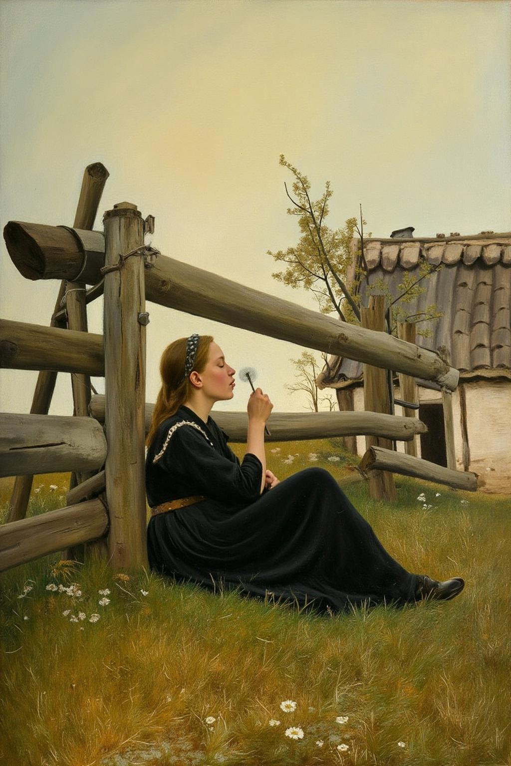 lauritsandersenring1 painting. A woman, shown in side profile, in a dark dress sits on the grass near a wooden fence, blowing on a dandelion she is holding. Behind her is a rustic building with a tiled roof, wildflowers, and a soft yellow sky. <lora:lauritsandersenring1_cap_d8a4e13:1.0><lora:857025188699599887:0>