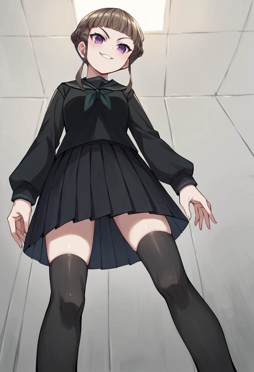 score_9, score_8_up, score_7_up, score_6_up, score_5_up, score_4_up, source_anime,  Manaka Nemu, short hair, braided hair, brown hair, violet eyes, black serafuku, green necktie, black thighhighs, black skirt, loafers, view from below, evil smile   <lora:NemuPonyXL-000056:1>