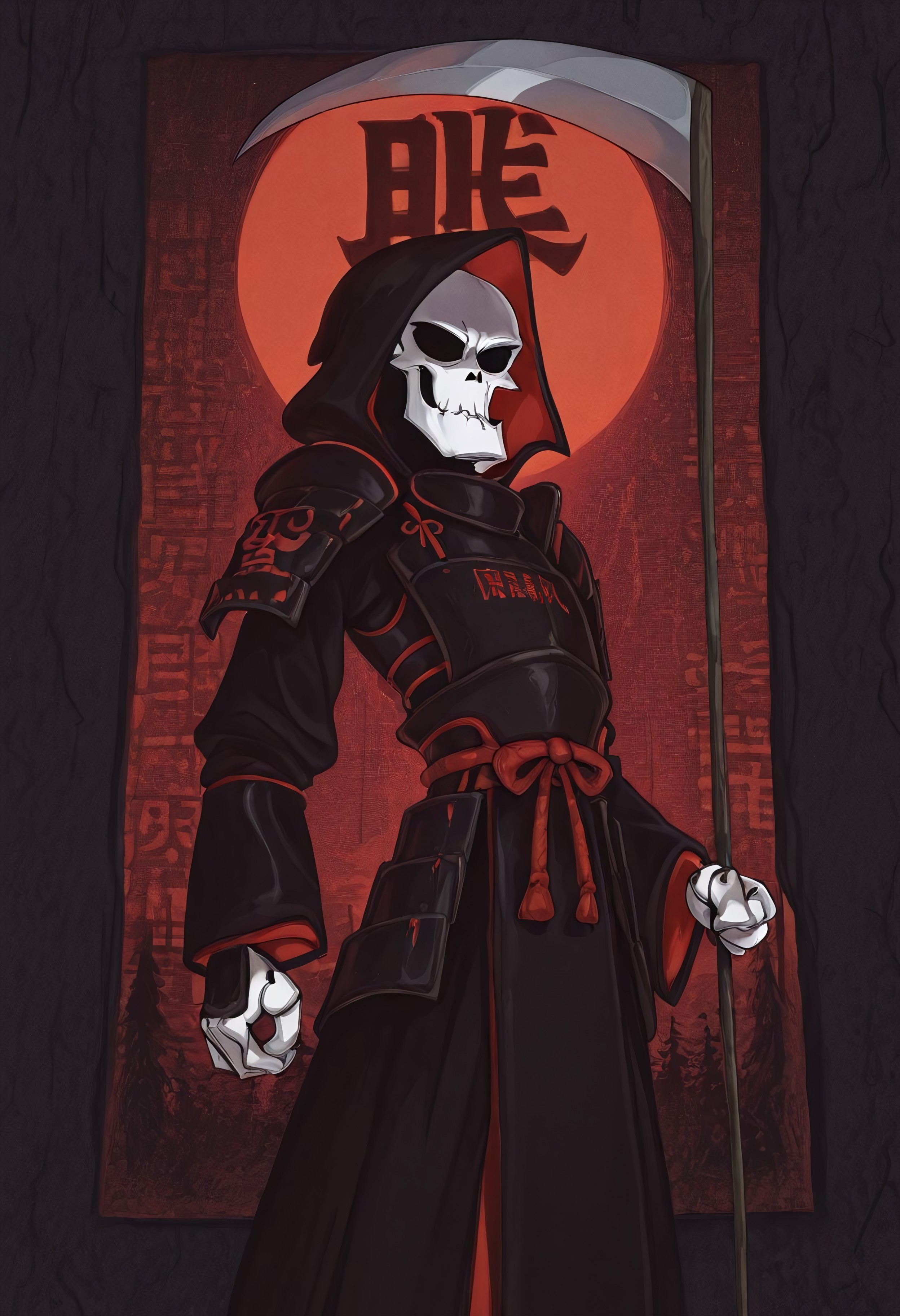 Masterpiece, best quality, highly detailed, Gr1m, RPR, solo, anime style, Grim reaper, samurai armor, samurai helmet, no hood, scythe, Feudal Japan background, detailed background, Red sunset, kanji text in background, close up,