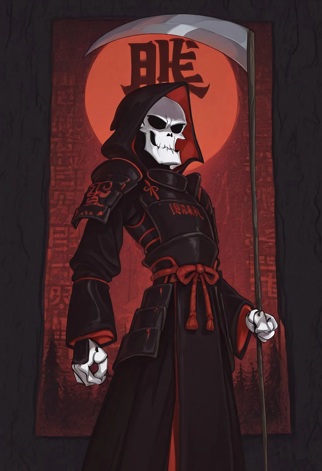 Masterpiece, best quality, highly detailed, Gr1m, RPR, solo, anime style, Grim reaper, samurai armor, samurai helmet, no hood, scythe, Feudal Japan background, detailed background, Red sunset, kanji text in background, close up,