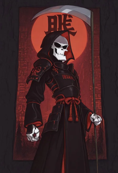 Masterpiece, best quality, highly detailed, Gr1m, RPR, solo, anime style, Grim reaper, samurai armor, samurai helmet, no hood, scythe, Feudal Japan background, detailed background, Red sunset, kanji text in background, close up,