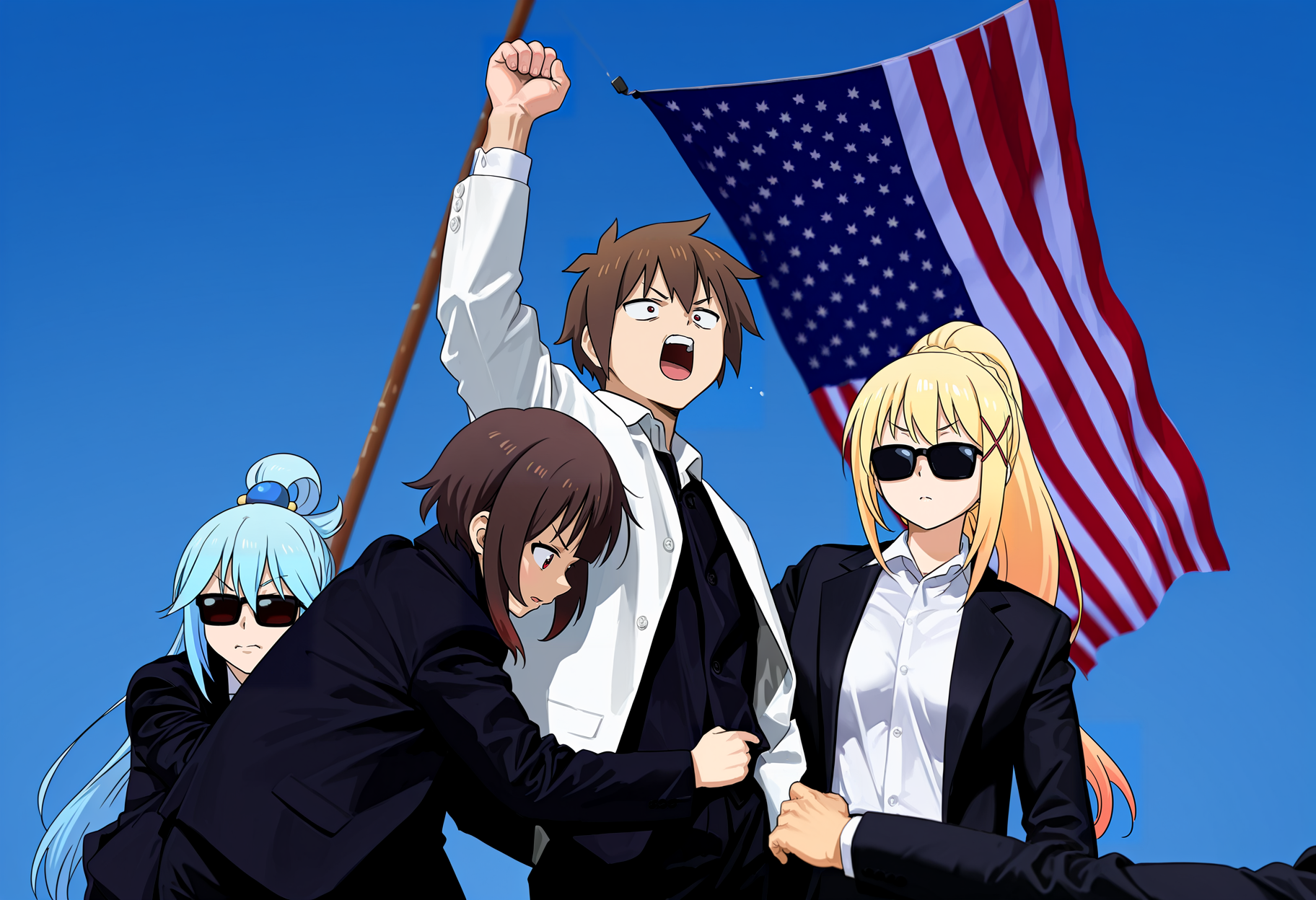 (masterpiece, high quality, amazing detail), 2024 attempted assassination, 3girls, multiple girls, 1boy, alternate costume, jacket, black suit, sunglasses, american flag,
BREAK
aqua \(konosuba\), 
BREAK
satou kazuma, white jacket, clenched hand, arm up, megumin, 
BREAK
darkness \(konosuba\),
<lora:2024_Trump_Incident:1>