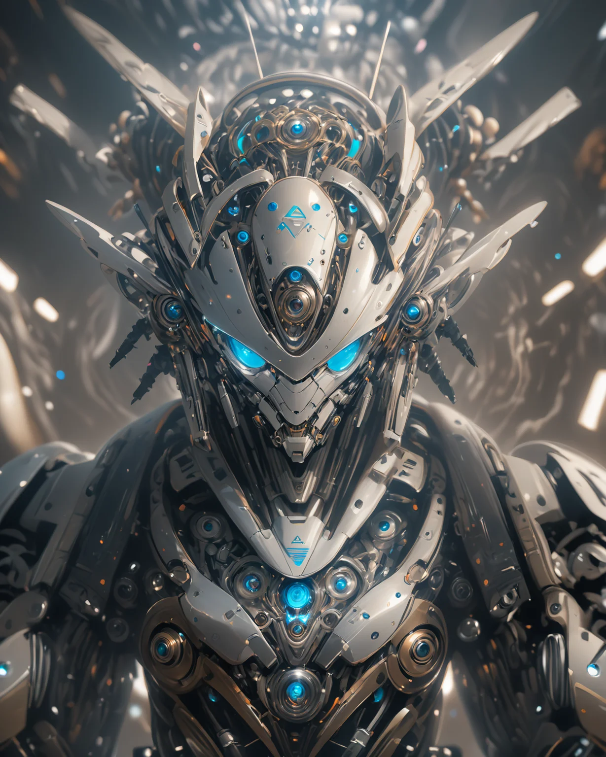 full_body, 1girl, mecha, glowing blue eyes, cute, biomechanical, complex robot, interior spaceship background in bokeh, hyper realistic, hyper detailed, intricate, insane fine details, crisp focus <lora:compb0t:0.8>