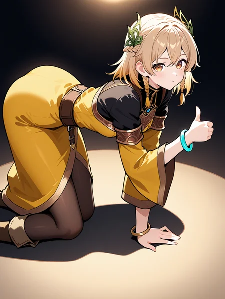 perfect quality,best quality,absolutely eye-catching,ambient occlusion,raytracing BREAK
1girl,<lora:rutea IL v1.2:0.8>,rutea,brown eyes,medium hair,braid,hair ornament,black shirt,yellow dress,wide sleeves,bracelet,boots,pantyhose,solo,long skirt,, from side, looking at viewer,upper_body,leaning_forward,thumbs_up,arms_crossed,all_fours,