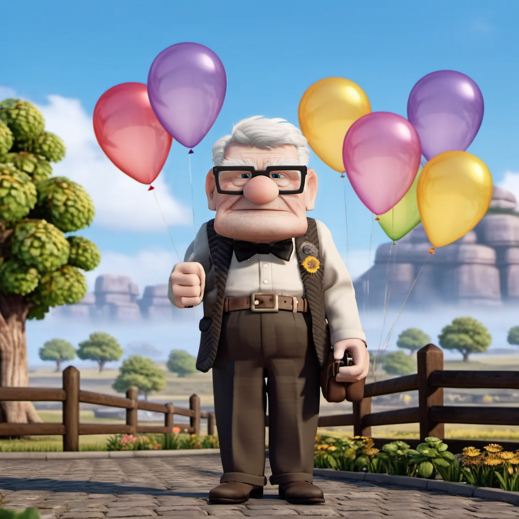 CarlFredricksen1024, an old man holding balloons, full body, outdoor, detailed eyes, highly detailed , photography, ultra sharp, film, bokeh, professional, 4k  <lora:add-detail-xl:1.5>  <lora:CarlFredricksen1024-000360:0.8>