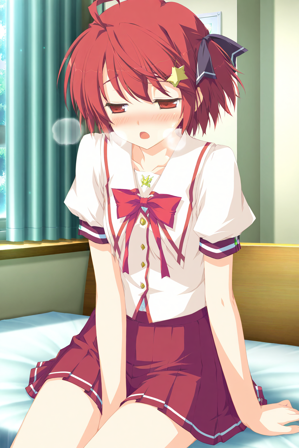 masterpiece,best quality,good quality,rating safe,memorialmiyahoshi,minahoshi asuho,hoshizora_no_memoria,game cg coloring,1girl,solo,red hair,short hair,red eyes,ahoge,hair ornament,star ornament,ribbon,school uniform,skirt,game cg,looking to the side,bedroom,blush,sitting on the bed,open mouth,heavy breathing,half-closed eyes