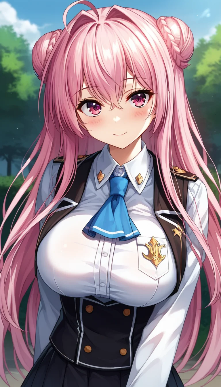 score_9,score_8_up,masterpiece,best quality,correct anatomy,anime_source,1girl,solo,perfect eyes,perfect arms,perfect legs,perfect face,outdoors,upper body,(portrait:1.5),looking at viewer,facing viewer,smile,blush,Remiliera Retiaheart,ahoge,very long hair,pink hair,hair intakes,double bun,sidelocks,hair between eyes,bangs,pink eyes,uniform,blue ascot,black vest,white shirt,collared shirt,long sleeves shirt,large breasts,black thighhighs,miniskirt,black skirt,frilled skirt,garter straps,pleated skirt,black thighhighs,zettai ryouiki,loafers,black footwear,<lora:Remiliera Retiaheart(uq)-Pony:1.2>,