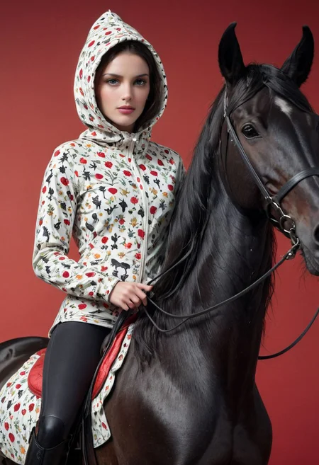 A shrouded Silhouette in darkness of a blushed slightly light smiling riding woman in Argyle/caro printed bodysuit with camo-white Camouflage hooded parka, riding a black glossy horse, a scene with vibrant red and black details, White Makeup, very detailed, atmospheric haze, Film grain, cinematic film still, shallow depth of field, highly detailed, high budget, cinemascope, moody, epic, OverallDetail, 2000s vintage RAW photo, photorealistic, candid camera, color graded cinematic, eye catchlights, atmospheric lighting, imperfections, natural, shallow dof