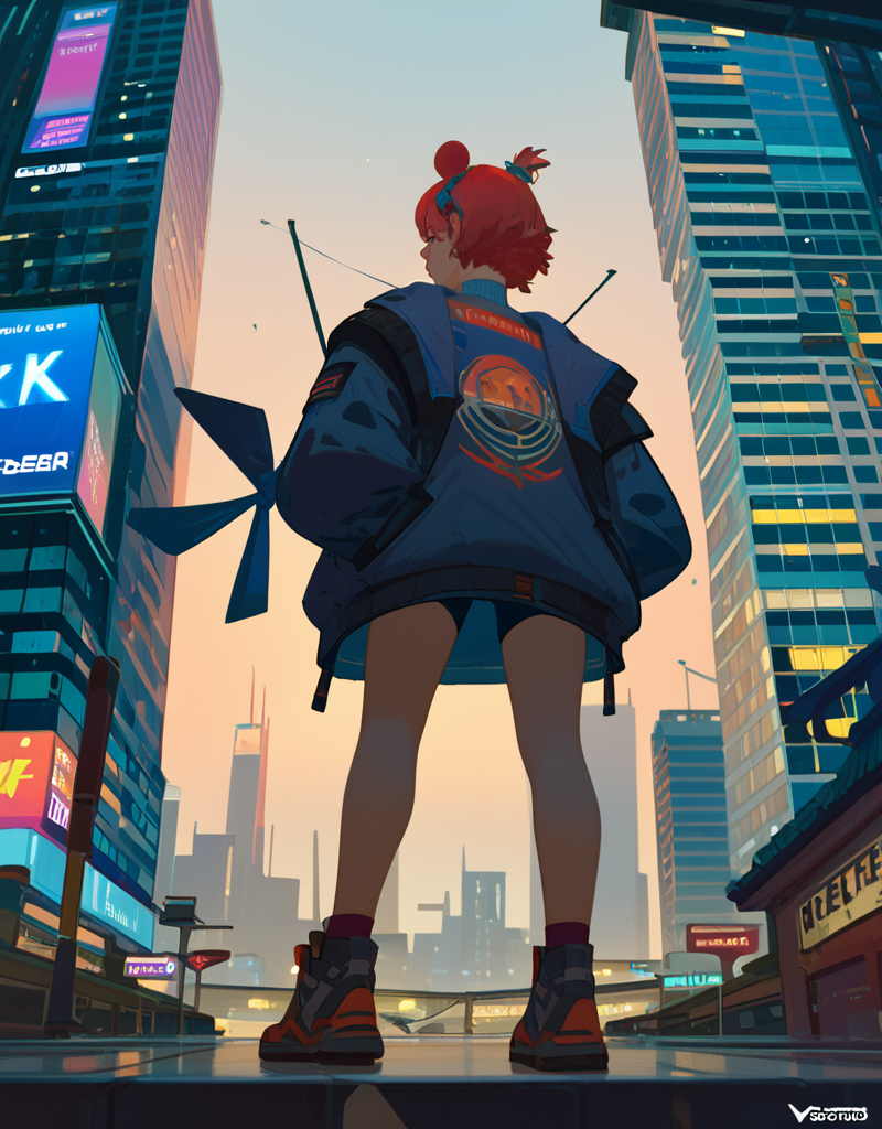 zPDXL2, <lora:KukkaV1:1>, kukk4, 1girl, standing on top of a skyscraper, sci-fi building in the background, night