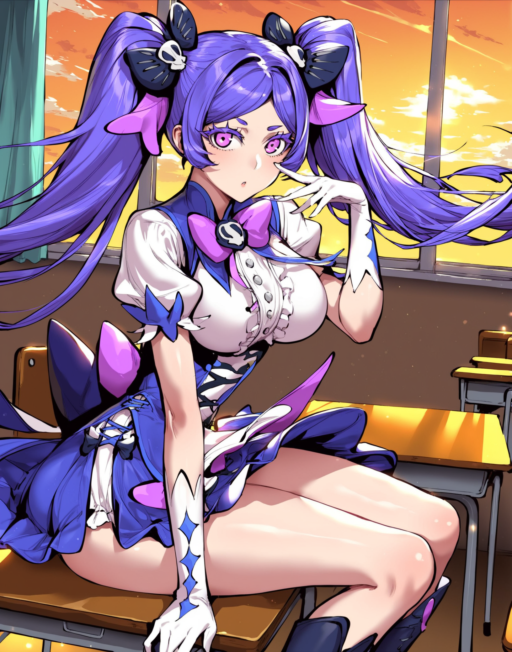 score_9,score_8_up,source_anime,(anime styal:1.1),anime,rating_explicit,1girl,<lora:lanmei-000032:1>,Lanmei haoxiongdi,twintails,purple hair,pink eyes,solo,perfect face,bedutiful eyes,<lora:DetailedEyes_V3:1>,slim waist,<lora:add-detail-xl:2>,<lora:ClearHand-V2:1>,magical girl,bow,gloves,white gloves,boots,breasts,purple bow,dress,skull hair ornament,looking at viewer,hair ornament,large breasts,black bow,black footwear,hair bow,heart,dress,(looking at viewer:1.1),blue sky,Sexy pose,elegant,School,classroom,desks,seats,textbooks,windows,curtains,wind,