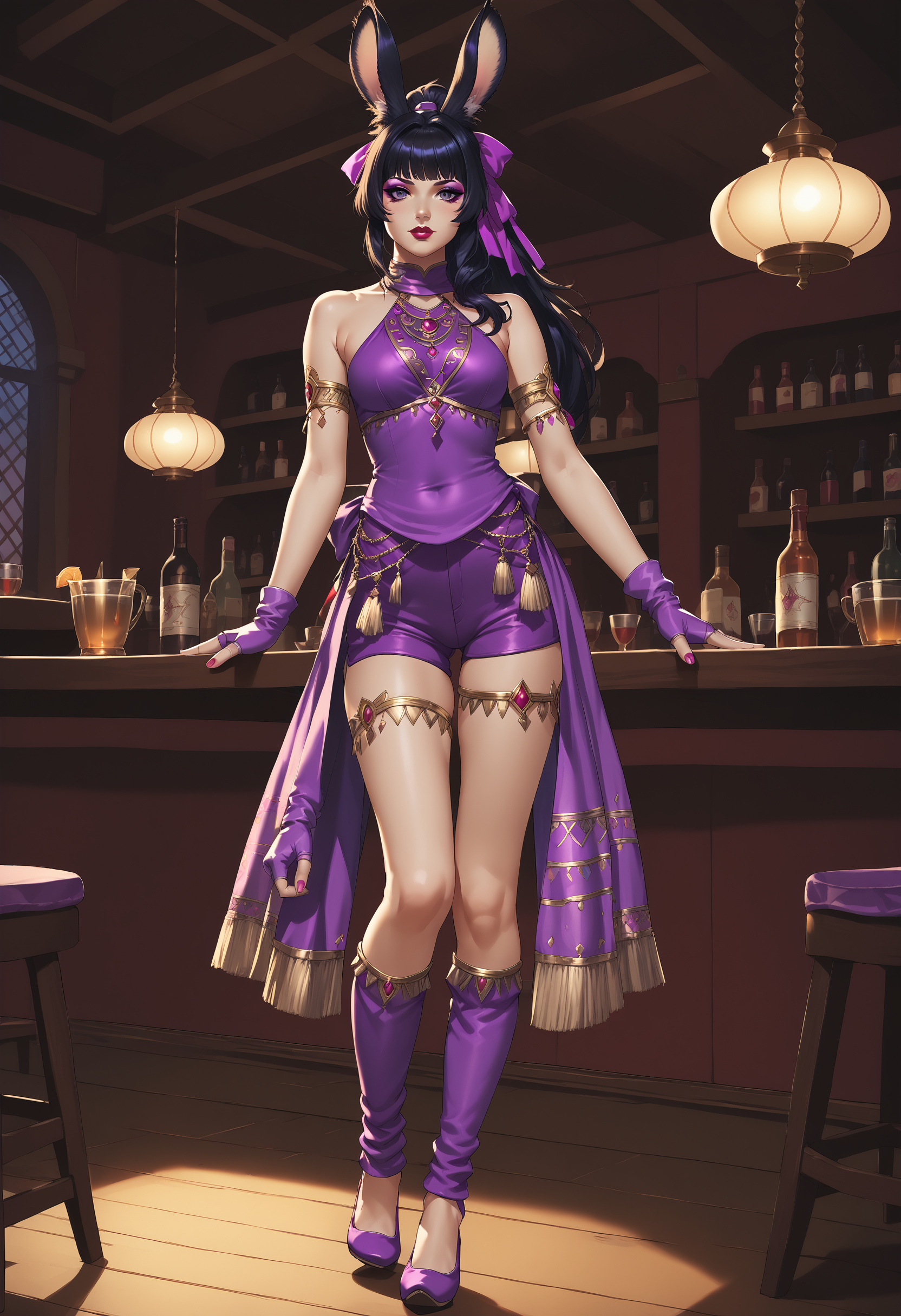 zPDXL,score_9, score_8_up, score_7_up, 1girl, source_anime, tavern, stage, on stage dancing, full body, young woman, viera,  black hair, purple eyes, ponytail, long hair, looking at viewer, red lipstick, pastel eyeshadow, 
 (purple clothing:1.5), <lora:Etoile_Dancer_FFXIV:.75> etoile dancer, jewelry, bare shoulders, shorts, fingerless gloves, high heels, armlet, fringe trim, thigh strap, skirt, hair ribbon, leg warmers, halter shirt,