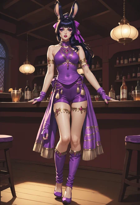 zPDXL,score_9, score_8_up, score_7_up, 1girl, source_anime, tavern, stage, on stage dancing, full body, young woman, viera,  black hair, purple eyes, ponytail, long hair, looking at viewer, red lipstick, pastel eyeshadow, 
 (purple clothing:1.5), <lora:Etoile_Dancer_FFXIV:.75> etoile dancer, jewelry, bare shoulders, shorts, fingerless gloves, high heels, armlet, fringe trim, thigh strap, skirt, hair ribbon, leg warmers, halter shirt,