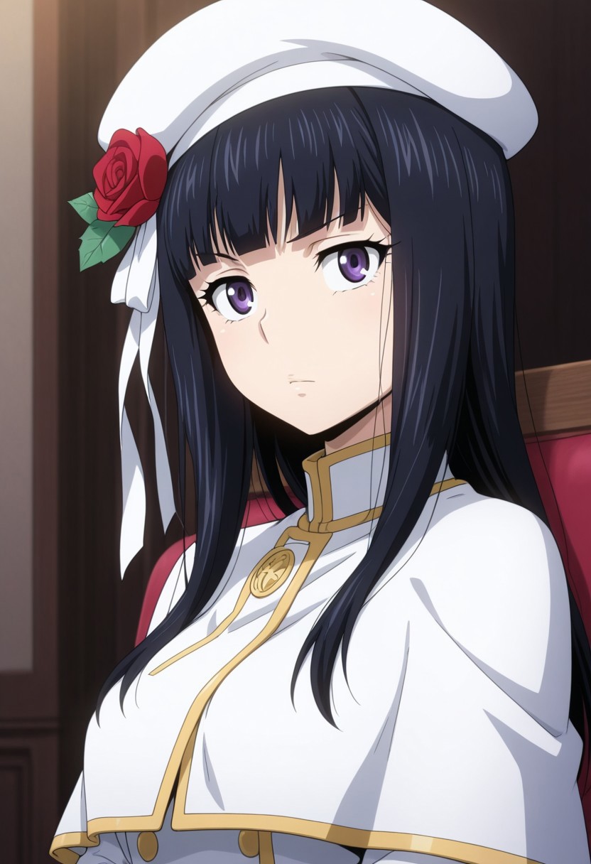 masterpiece, best quality, amazing quality,1girl, solo, BREAK
mitsukadokb,black hair,long hair,purple eyes,hat,rose,white capelet,
BREAK
,upper body,