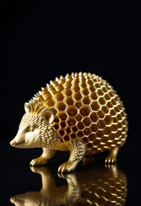 8K analog photo, 3d printed gold Hedgehog Statue made of Honeycomb Structure, WhiteMold, Walking, dark background, minimalist,