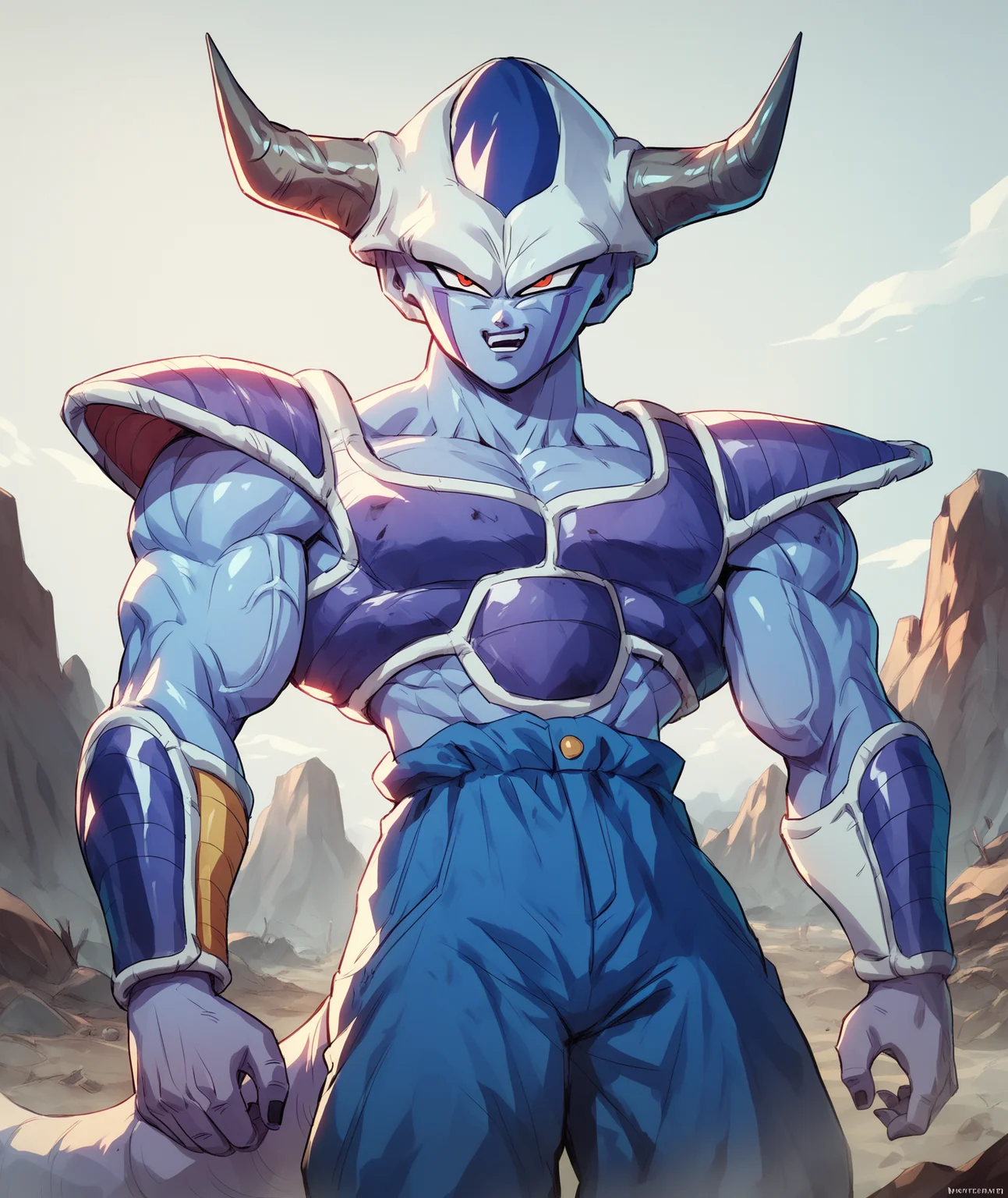 <lora:Friezas_Race_Dragon_Ball_Z_Frost_demon_Frieza_Clan:1> frost demon, horns, blue color scheme, wasteland, saiyan armor, blue skin, score_9, score_8_up, score_7_up, masterpiece, high quality, 8K, <lora:detailed_notrigger:1>