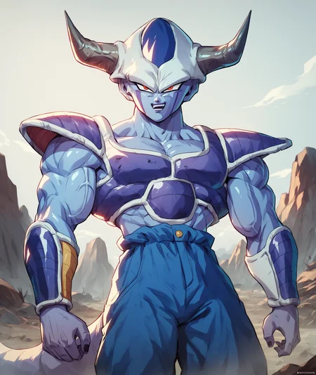 <lora:Friezas_Race_Dragon_Ball_Z_Frost_demon_Frieza_Clan:1> frost demon, horns, blue color scheme, wasteland, saiyan armor, blue skin, score_9, score_8_up, score_7_up, masterpiece, high quality, 8K, <lora:detailed_notrigger:1>
