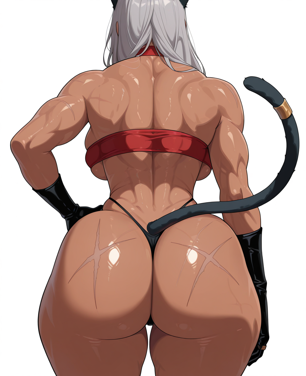 <lora:freshnsfw:1> freshnsfw,
MATURE FEMALE, LARGE BREASTS, (masterpiece), (best quality), (ultra-detailed), amazing quality, very aesthetic, illustration, perfect composition, intricate details, absurdres, incredibly absurdres, shiny skin, realistic,
 freshnsfw, 1girl, tail, muscular, ass, muscular female, animal ears, solo, dark skin, skinned female, from behind, grey hair, underwear, breasts, panties, white background, bandeau, facing away, back, long hair, red choker, simple background, tail ring, median furrow, large breasts, black panties, thong, highleg, hand on own hip, cat tail, thighs, gloves, highleg panties, backboob, scar, choker, cowboy shot, underboob, bare shoulders, cat ears, thick thighs, tail ornament, sensitive