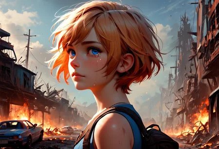 1girl, Masterpiece, 4k, ultra high detail, score_9, score_8_up, score_8, 18yo, petite, medium breast, short blonde hair, fcNeg, stunning blue eyes, freckles, white skin, small nose, innocent beauty, slim face, skinny petite body,
Torn sport clothes
Fear in her eyes, crying,
Sideview, Apocalyptic scene, burning skyscraper, burning city, derstroyed cars, a huge asteroid swarm in the sky,
Many asteroids in the sky,
End of the World,
negative_hand, NightScapes,