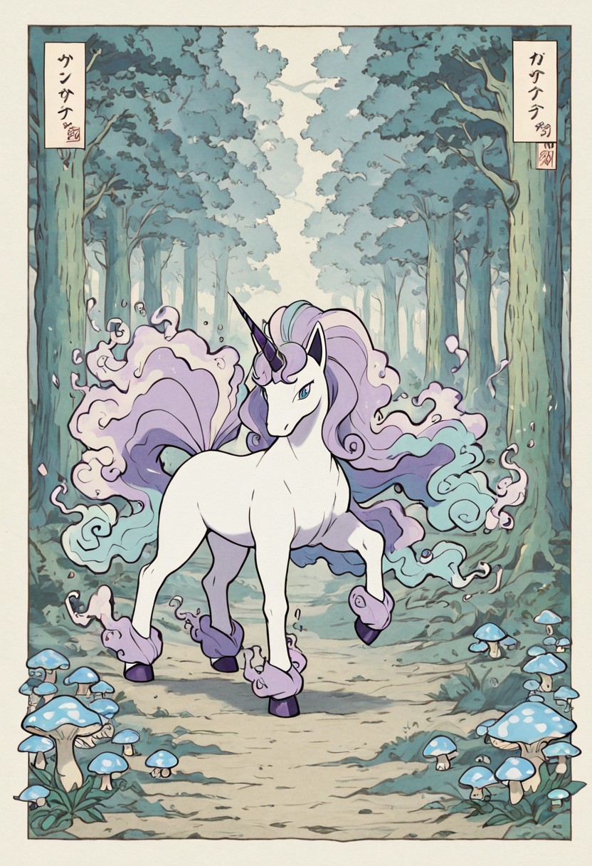 pokemon (creature), galarian rapidash, style, thick lines, outline, no humans, unicorn, psychic aura, pastel mane flowing, enchanted forest, glowing mushrooms, mystical light, trotting gracefully, fairy dust trail, solo, magical vibe