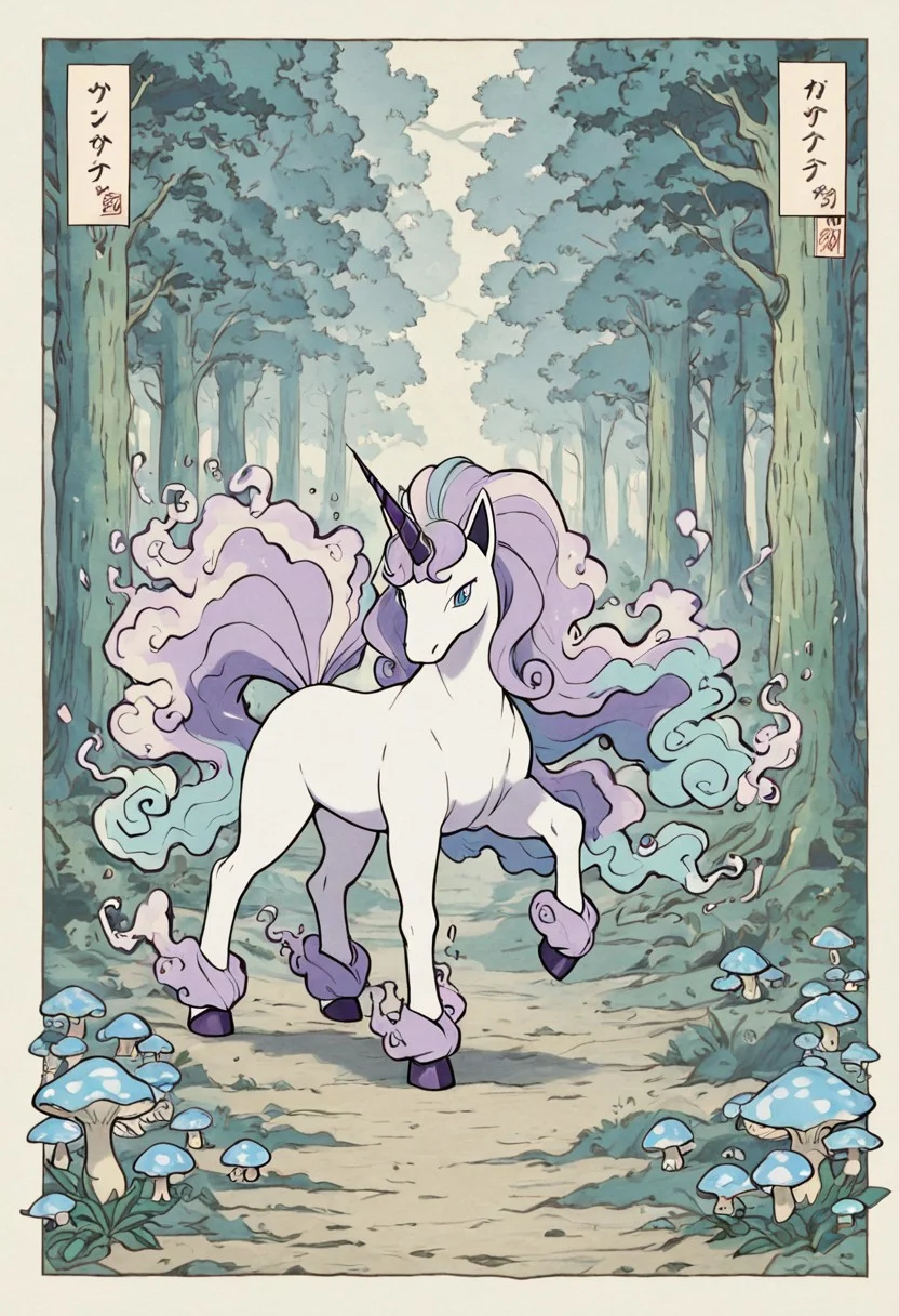 pokemon (creature), galarian rapidash, style, thick lines, outline, no humans, unicorn, psychic aura, pastel mane flowing, enchanted forest, glowing mushrooms, mystical light, trotting gracefully, fairy dust trail, solo, magical vibe