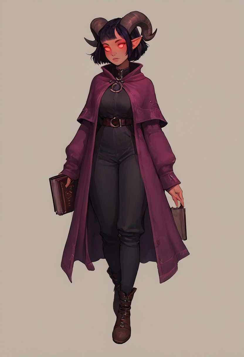 score_9, score_8_up, score_7_up, score_6_up,source_anime, 1girl, A full body, bmcostume, beautiful woman purple tiefling. dark detailed glowing eyes,  curled ram horns. short hair with one side shaved. wizard red velvet in robes,dungeons & dragons tiefling realistic high definition, book cases, library background