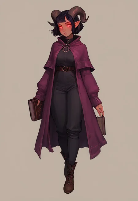 score_9, score_8_up, score_7_up, score_6_up,source_anime, 1girl, A full body, bmcostume, beautiful woman purple tiefling. dark detailed glowing eyes, curled ram horns. short hair with one side shaved. wizard red velvet in robes,dungeons & dragons tiefling realistic high definition, book cases, library background