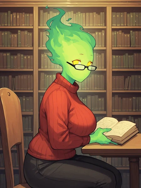 score_9, score_8_up, score_7_up, score_6_up, score_5_up, score_4_up, detailed background, inside, library, bookshelf, table, chair, side view BREAK <lora:FireHuman:1> FireHuman, green fire, empty eyes, yellow eyes, looking at viewer, glasses, mouthless, plump, big breasts, red sweater, black pants, holding book, sitting