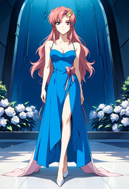 score_9,score_8_up,score_7_up,source_anime,Lacus Clyne,1girl,solo,hair ornament,dress,bare shoulders,standing,full body,blue dress,white footwear