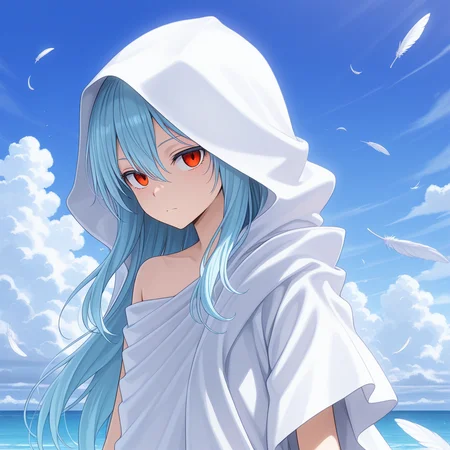 masterpiece, amazing quality, colorful, <lora:raphael-v1-000009:1> ts-raphael, 1other, white hooded_robe, right bare shoulder, red eyes, falling feathers, teenage, androgynous,
