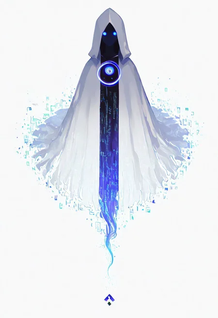 p0st_1mp4ct style, In the style of ff-nn, A mysterious, hooded figure stands at the center of a surreal digital void, its form dissolving into mysterious calligraphic symbols. The figure's face is featureless except for two glowing, white, circular eyes that pierce through the darkness. The heavy cloak drapes down like an endless abyss, gradually disintegrating into jagged, glitch-like patterns at the edges, as if the character itself is a part of the digital space, fading into the surrounding environment. Behind the figure, a mesmerizing vortex of light and color spirals outward, composed of concentric rings filled with flickering pixels, digital noise, and mysterious calligraphic symbols. The colors range from crimson to pale gray, creating a striking contrast against the dark void. Small, glowing particles float through the air, <lora:Evangelion_Post-impact_Apocalyptic_Style_Flux.1_D_by_AutoPastel-000019:0.35> <lora:Style_Calligraphy_ART:1.00> <lora:Neo_Noir:0.39>