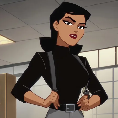 score_9, score_8_up, score_7_up, 1girl, solo, lipstick, black hair, black eyes, dark skin, black shirt, gray pants, suspenders, belt, cartoon_screencap, Renee Montoya (dc), looking at viewer, breast, indoors