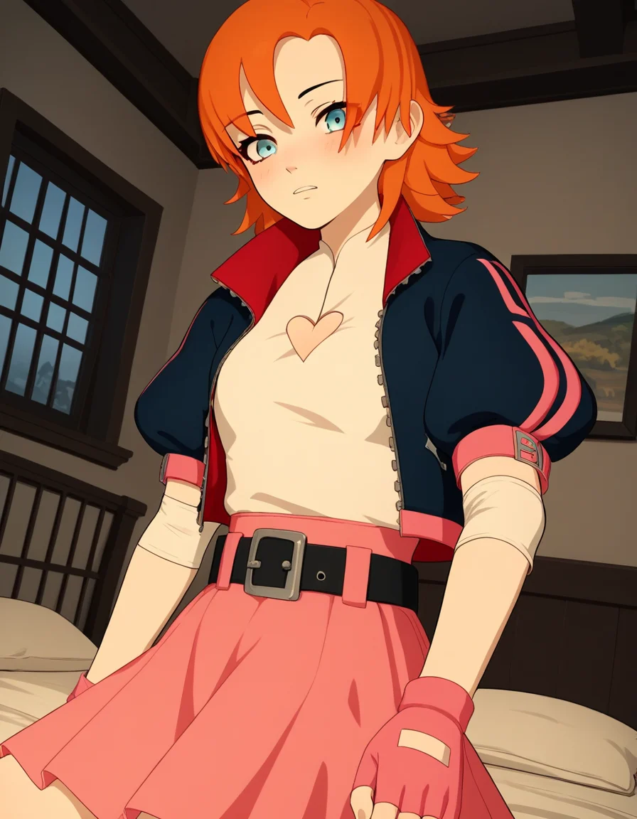 score_9, score_8_up, score_7_up, source_anime, <lora:nora-valkyrie-ponyxl-lora-nochekaiser:1>, nora valkyrie, blue eyes, medium hair, orange hair,, skirt, shirt, gloves, jacket, short sleeves, open clothes, puffy sleeves, belt, fingerless gloves, open jacket, puffy short sleeves, clothing cutout, cleavage cutout, pink skirt, pink gloves, heart cutout, indoors, bed, bed room, on side, blush, drunk, looking at viewer, solo, cowboy shot, dutch angle