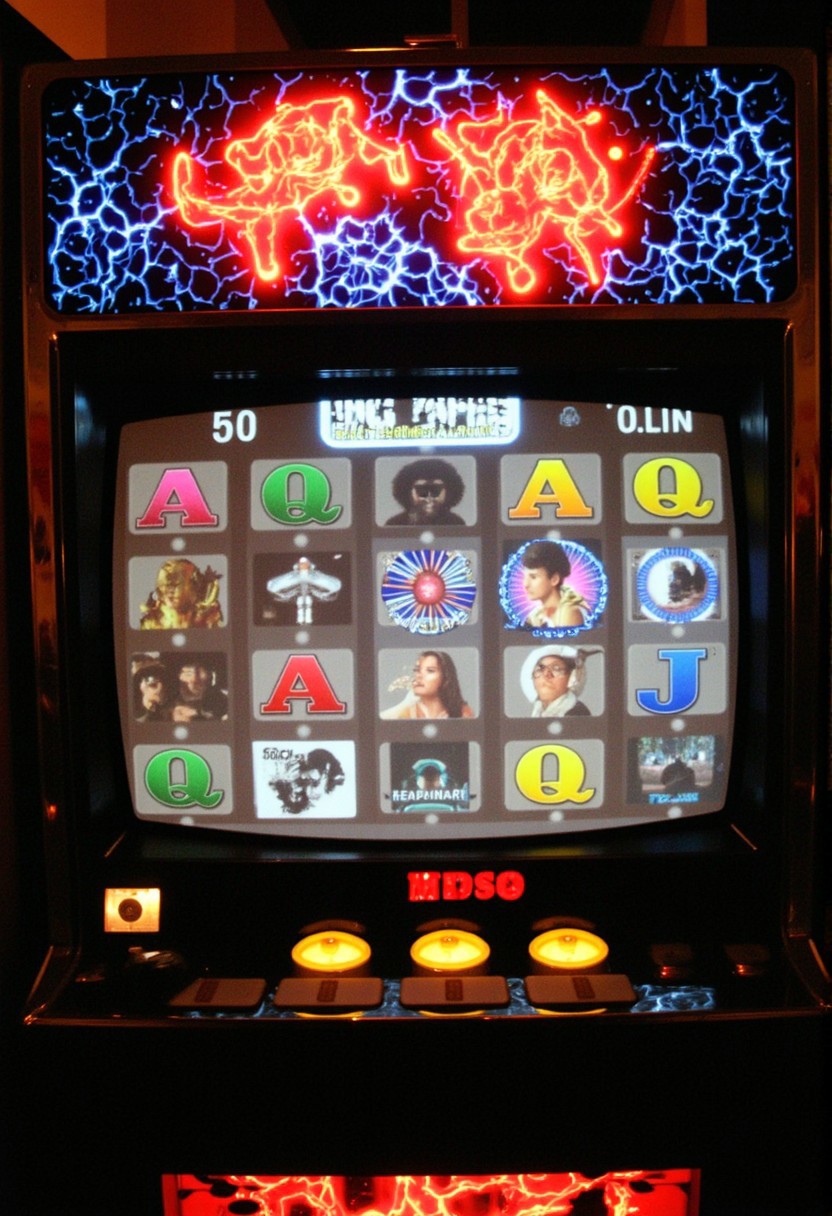 Slot machine graphics from front view . Disturbing scenes of addiction, people injecting drugs heroin, white powder, drinking alcohol smoking cigarettes. very strange surrealist style with holographic vortex featuring swirls of holotropic colour and glowing eyes wet distorted factory shot. On the television sets are glowing hands, with electricity coming off the finger tips. swirling around