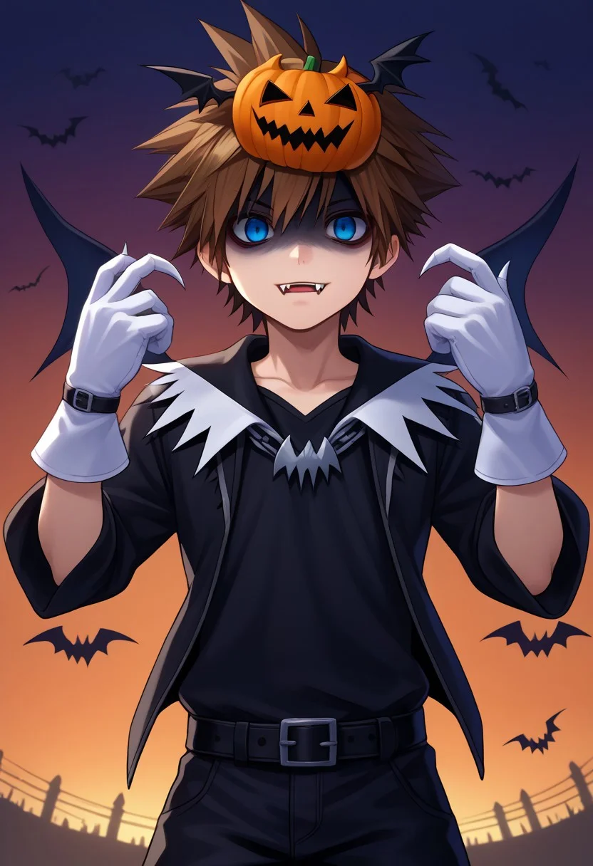 score_9, score_7_up, source_anime
sora, 1boy, male focus, solo, blue eyes, brown hair, spiked hair, halloween costume, fangs, mask, mask on head, wings, bat wings, black wings, shirt, black shirt, jacket, black jacket, open jacket, open clothes, long sleeves, gloves, white gloves, belt, black belt, pants, black pants, baggy pants, shaded face, pale
outdoor, sky,