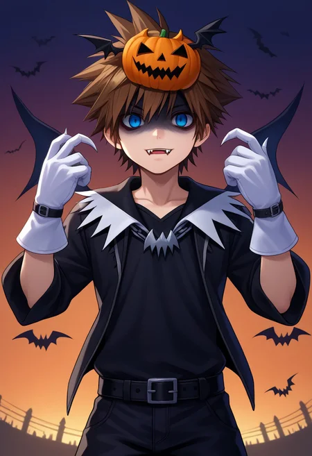score_9, score_7_up, source_anime
sora, 1boy, male focus, solo, blue eyes, brown hair, spiked hair, halloween costume, fangs, mask, mask on head, wings, bat wings, black wings, shirt, black shirt, jacket, black jacket, open jacket, open clothes, long sleeves, gloves, white gloves, belt, black belt, pants, black pants, baggy pants, shaded face, pale
outdoor, sky,