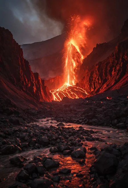 In the heart of a volcanic landscape, our fearless explorer finds themselves amidst a scene of impending chaos. Molten lava cascades down the mountainside, casting an ominous red glow across the rocky terrain. With smoke and ash billowing into the sky, the adventurer races against time, navigating treacherous paths strewn with debris as fiery explosions erupt around them, painting the scene with bursts of intense heat and light. 
many details, extreme detailed, full of details,
Wide range of colors.
Many details everywhere.  soft shadows. Low saturation colors. Insane quality. Insane resolution. Insane details. Masterpiece. 32k resolution.
Dramatic,Dynamic,Cinematic,Sharp details
 <lora:add-detail-xl:1>