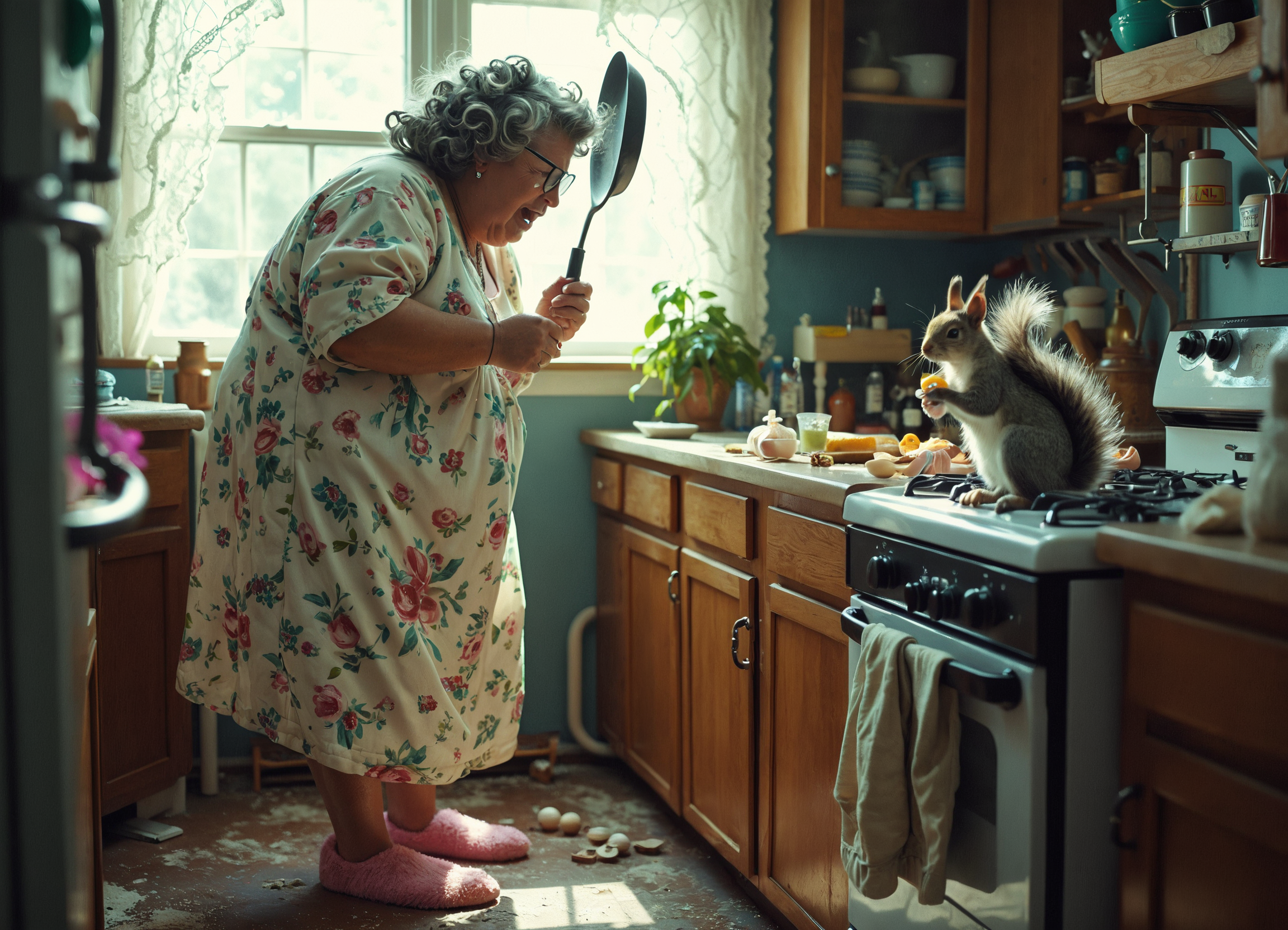 Hyper-realistic, comical scene: A plump, elderly woman in a floral nightgown and pink fuzzy slippers, her gray hair set in oversized curlers, stands in a cluttered kitchen. She's wielding a large cast-iron frying pan like a tennis racket, angry eyes wide with determination. Across from her, perched atop the counter with flour covered fur, is a mischievous-looking squirrel. The squirrel is clutching a prized acorn, its bushy tail raised in alarm. Scattered eggshells and flour dust the floor and countertops, suggesting a culinary battle gone awry. Soft morning light streams through lace curtains, highlighting the absurdity of the standoff between woman and rodent.