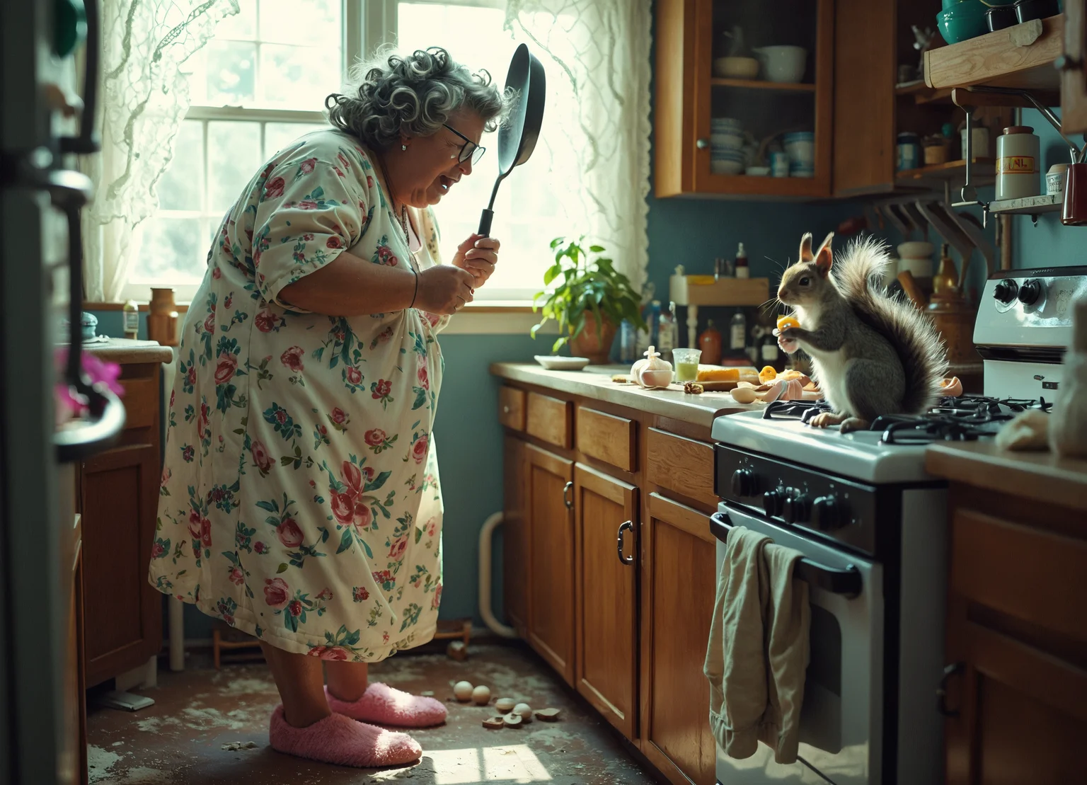 Hyper-realistic, comical scene: A plump, elderly woman in a floral nightgown and pink fuzzy slippers, her gray hair set in oversized curlers, stands in a cluttered kitchen. She's wielding a large cast-iron frying pan like a tennis racket, angry eyes wide with determination. Across from her, perched atop the counter with flour covered fur, is a mischievous-looking squirrel. The squirrel is clutching a prized acorn, its bushy tail raised in alarm. Scattered eggshells and flour dust the floor and countertops, suggesting a culinary battle gone awry. Soft morning light streams through lace curtains, highlighting the absurdity of the standoff between woman and rodent.