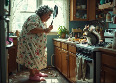 Hyper-realistic, comical scene: A plump, elderly woman in a floral nightgown and pink fuzzy slippers, her gray hair set in oversized curlers, stands in a cluttered kitchen. She's wielding a large cast-iron frying pan like a tennis racket, angry eyes wide with determination. Across from her, perched atop the counter with flour covered fur, is a mischievous-looking squirrel. The squirrel is clutching a prized acorn, its bushy tail raised in alarm. Scattered eggshells and flour dust the floor and countertops, suggesting a culinary battle gone awry. Soft morning light streams through lace curtains, highlighting the absurdity of the standoff between woman and rodent.
