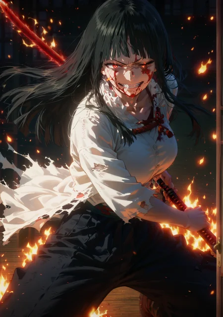 <lora:My_Hero_Academia:0.8>,<lora:AIã¤ã©ã¹ããããã:0.5>,source_anime,score_9,score_8_up,score_7_up,score_6_up,dark theme,dark background,low light,dojo,
1girl,solo,<lora:age_slider_v4:1.4>,adult,tall female,hime cut,black hair,long hair,bangs,blunt bangs,full bangs,straight hair,red eyes,pale skin,skindentation,petite,toned,(thick thighs:0.6),large breasts,evil smile,half-closed eyes,glowing eyes,head tilt,eye sparks,flaming eye,dougi,holding katana,stance,torn clothes,black baggy pants,white top,blood,blood on face,one eye closed,<lora:battoujutsu_stance_24retry_pony_rework_final_svd_d8:0.8>,teeth,flaming sword,