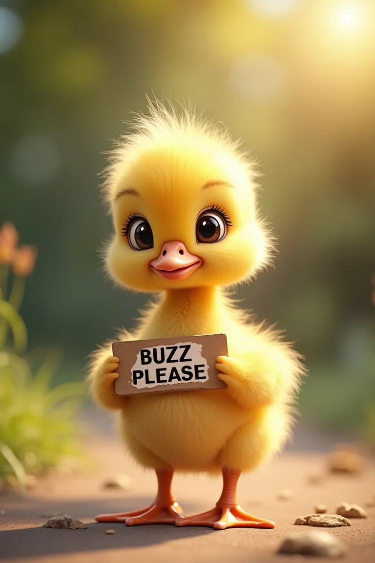 cute, fluffy girl with big, expressive eyes looks up at the camera, standing in the sunshine. The duckling holds a small sign that reads “BUZZ PLEASE".