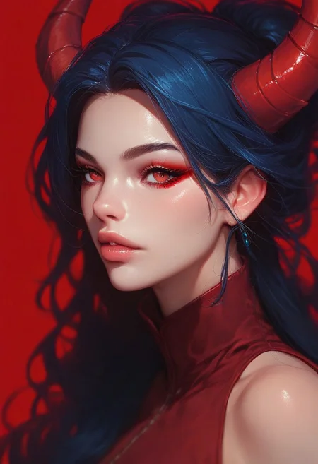 Score_9, score_8_up, score_7_up,score_6_up, Expressiveh, 1dk, portrait, from the waist up, source_anime, 1woman, solo,
regal queen, red horns, pale skin, red eyes, dark blue hair, red gown, high collar, red background, red makeup,