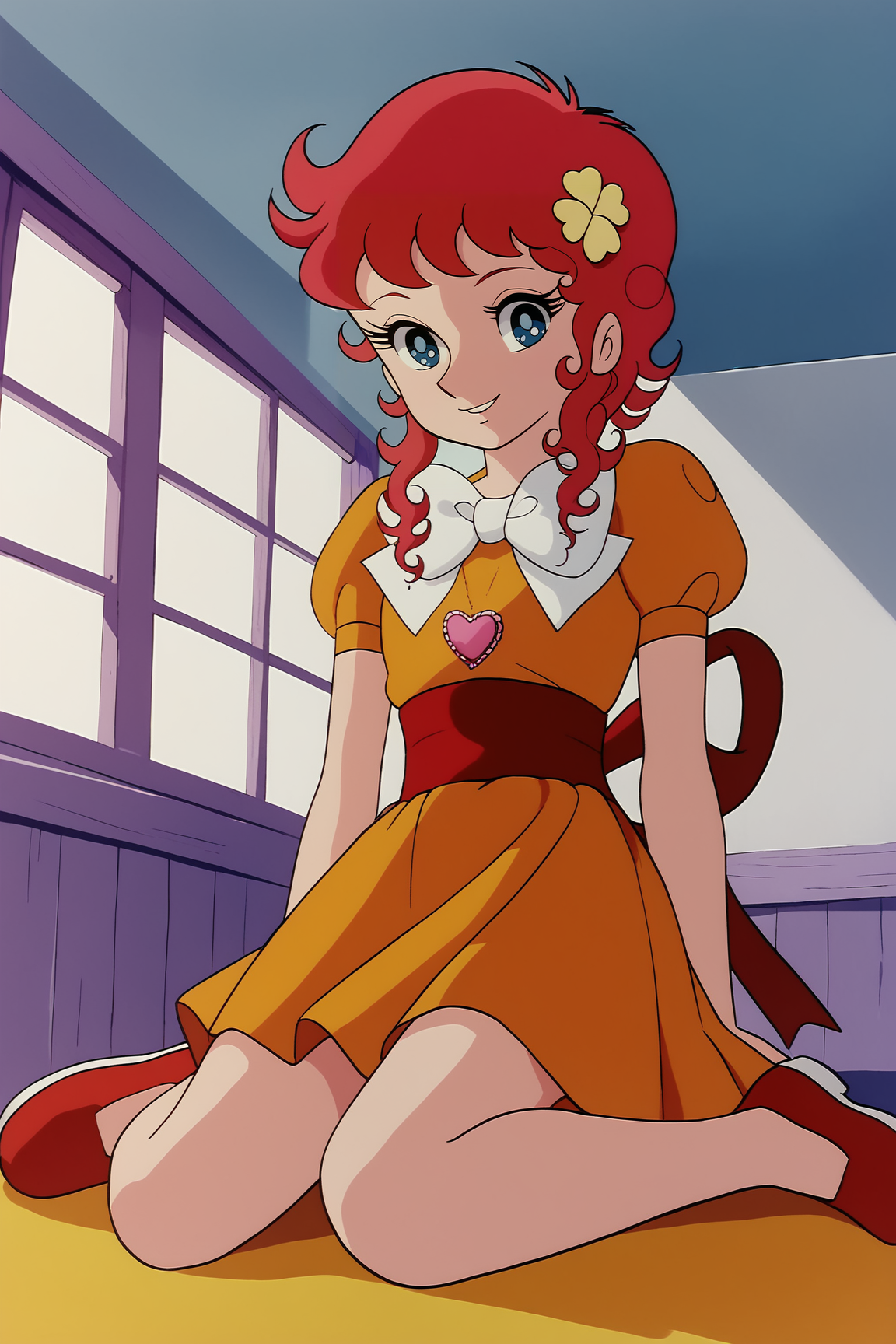 score_9, score_8_up, score_7_up, score_6_up, BREAK, KMeguMMXL, retro artstyle, blue eyes, red hair, short hair, hair ornamemnt, curly hair, flat chest, white bow, heart brooch, orange dress, short sleeves, puffy sleeves, red sash bow, orange skirt, red shoes, solo, full body, sitting, bellow view, seductive smile, looking at viewer, indoors <lora:KMeguMMXL:1>