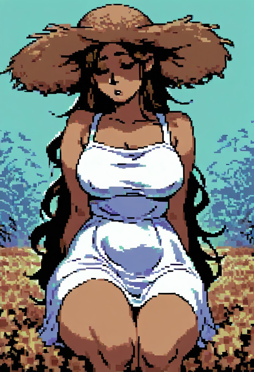 score_9, score_8_up, score_7_up, score_6_up, very long hair, portrait, thick thighs, thigh gap, sundress, large straw hat, pleasure, large breasts, pixel, commodore,