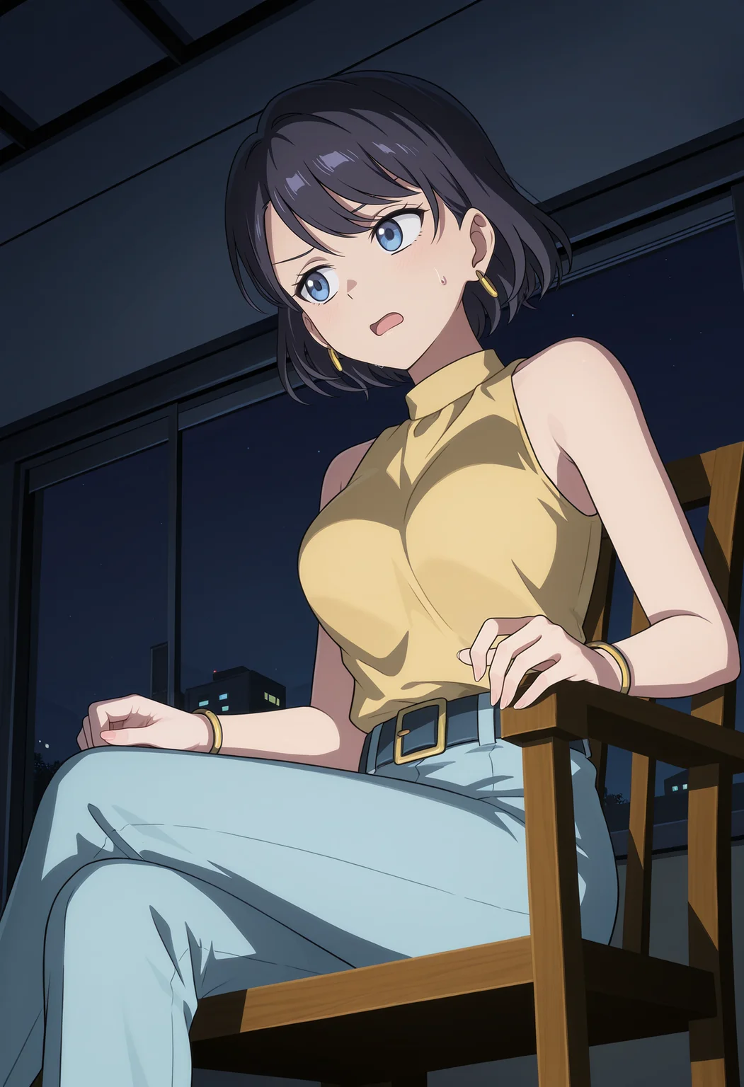 <lora:Maki-000098:1>,
Maki,blue eyes,black hair,
jewelry,yellow shirt,earrings,belt,pants,bracelet,sleeveless,
open mouth,solo,sitting,chair,breasts,sweatdrop,shirt,night,crossed_legs,from_below