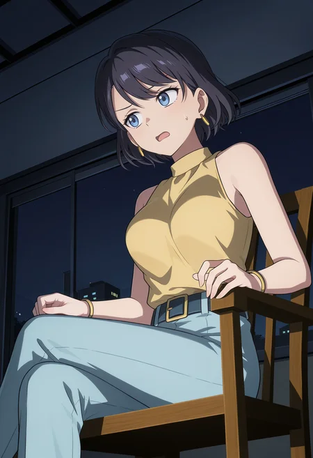 <lora:Maki-000098:1>,
Maki,blue eyes,black hair,
jewelry,yellow shirt,earrings,belt,pants,bracelet,sleeveless,
open mouth,solo,sitting,chair,breasts,sweatdrop,shirt,night,crossed_legs,from_below